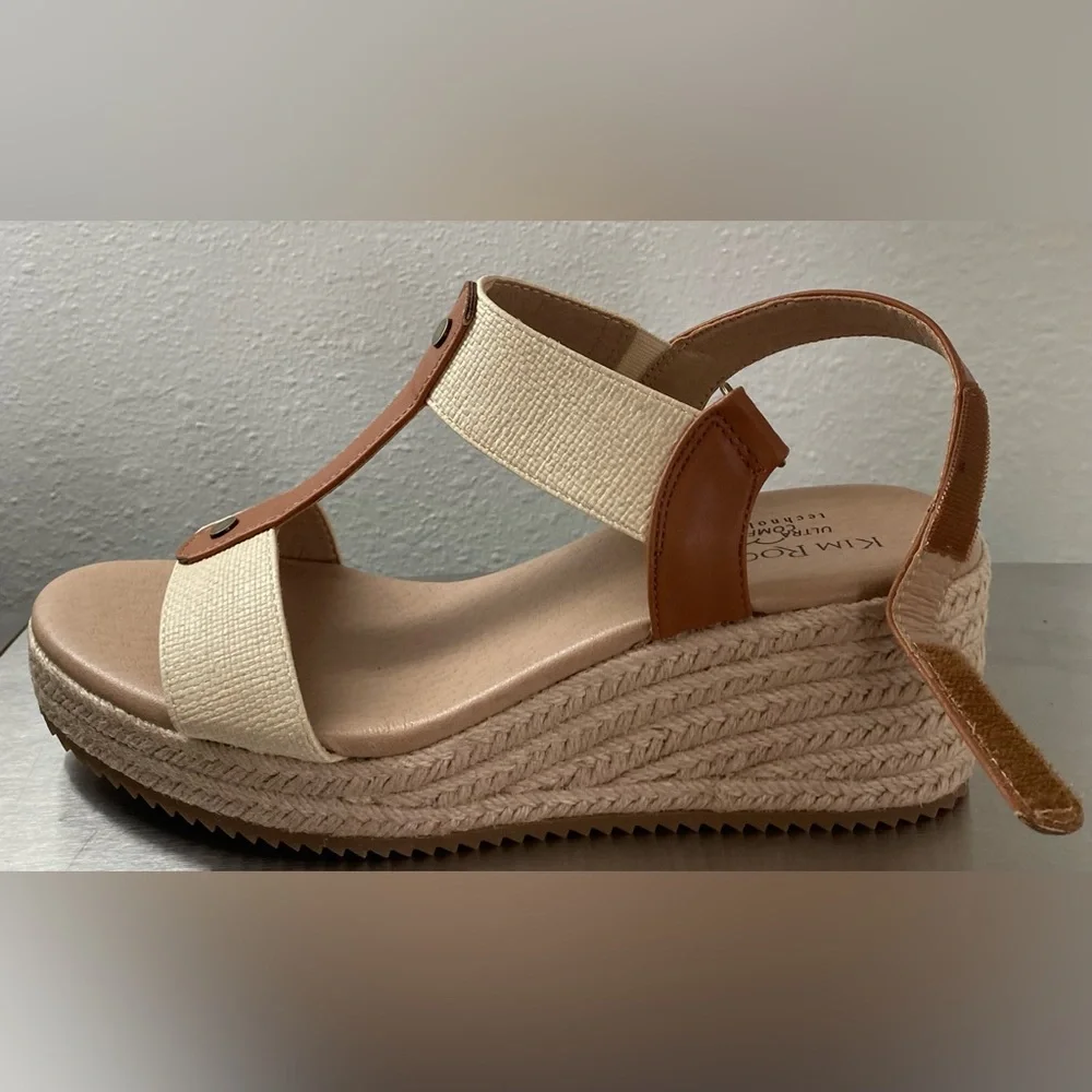 NEW…KIM ROGERS TAN AND CREAM ESPADRILLE WEDGE SANDALS 9